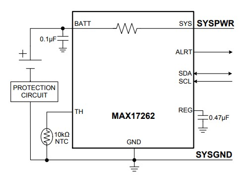Application Circuit Diagram - Analog Devices / Maxim Integrated MAX17262 Single-Cell Fuel Gauge IC